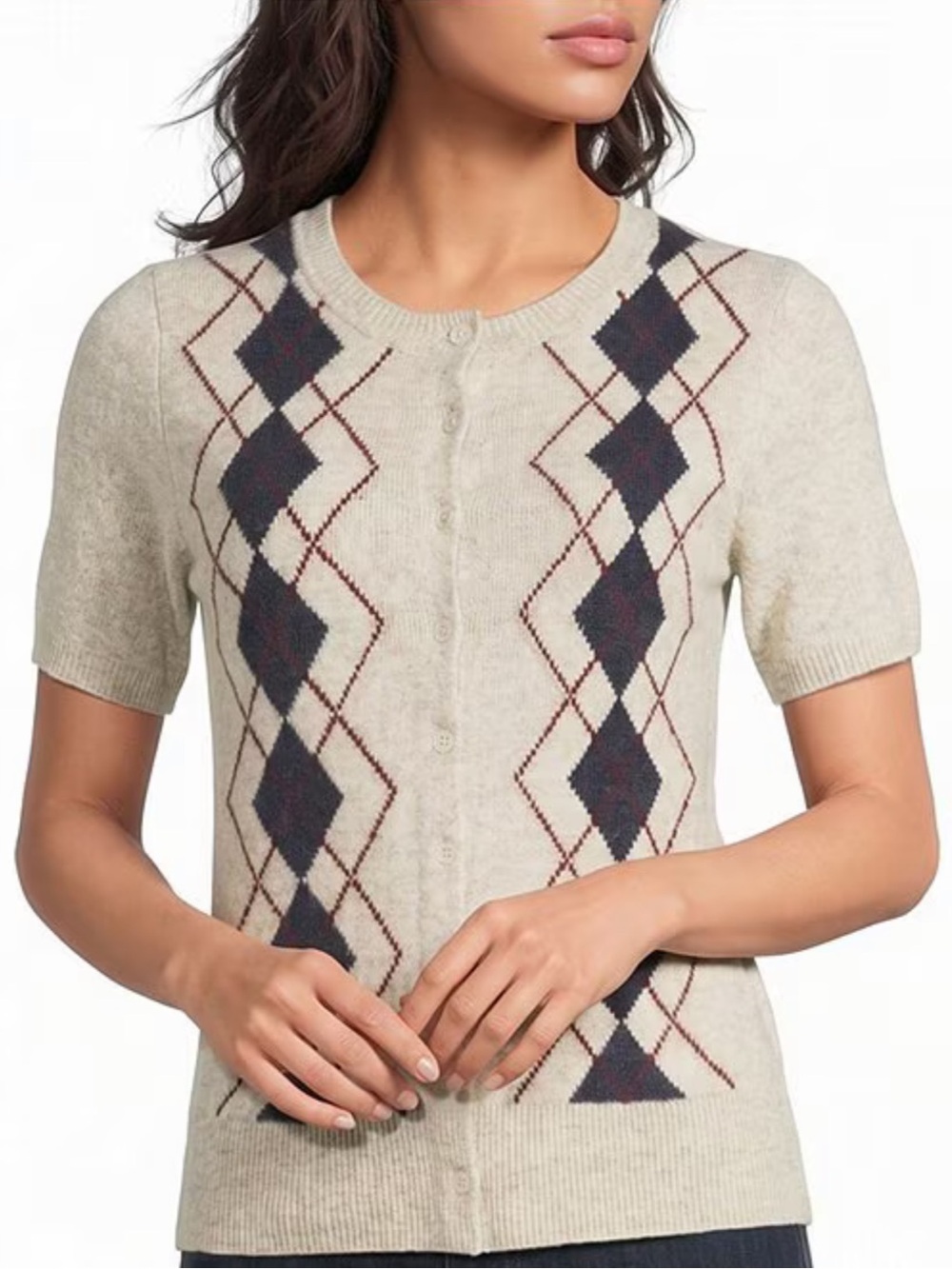 NWT🌷Lucky Brand Knit Argyle Design Round Neck Short Sleeve Sweater Cardigan